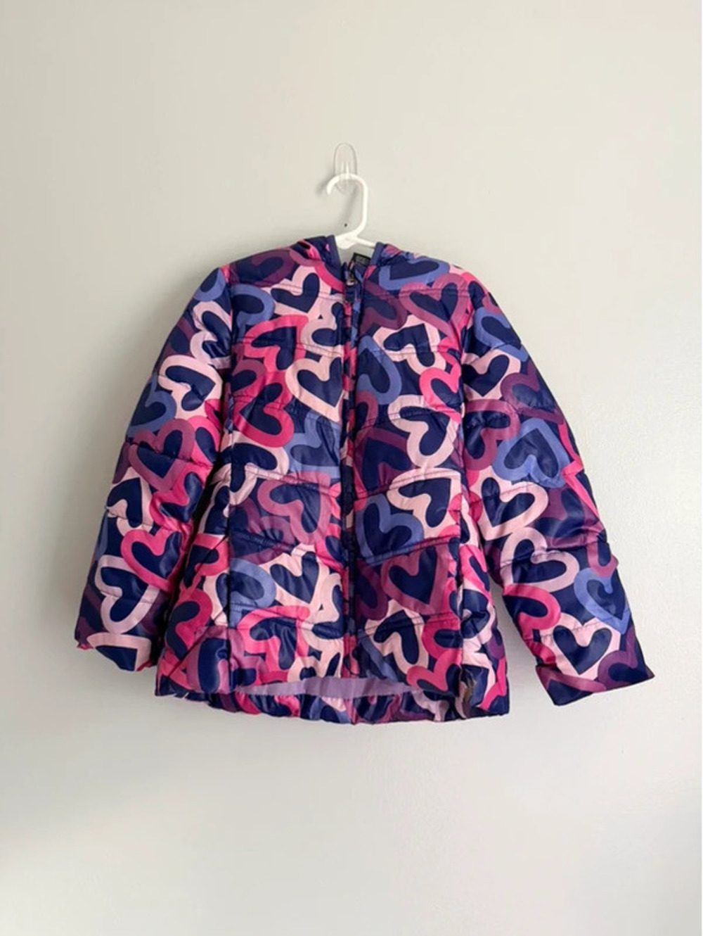Girls Heart Print Puffer Jacket Purple Pink XS 4/5 Hooded ! .